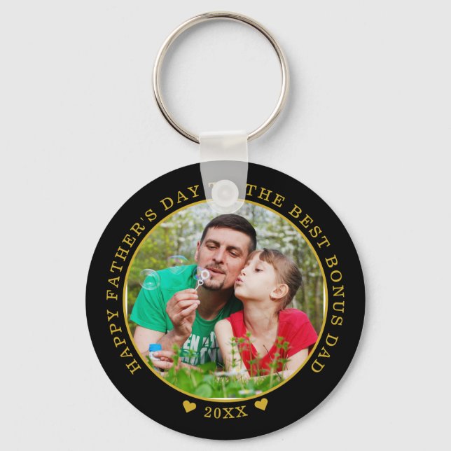 Black And Gold Best Bonus Dad Father's Day Photo  Keychain (Front)