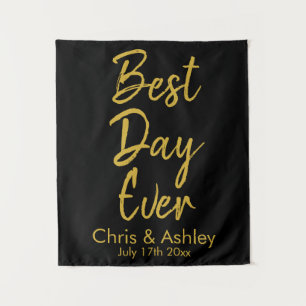 Black and Gold Best Day Ever Wedding Photo Booth Tapestry