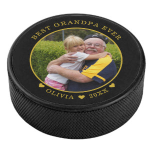 Black And Gold Best Grandpa Ever Photo Hockey Puck