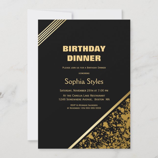 Black and Gold Birthday Dinner Party Invitation (Front)