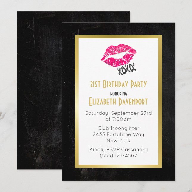 Black and Gold Birthday with Pink Kissy Lips Invitation (Front/Back)