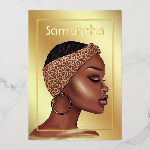 Black and Gold Black Woman Birthday Party Foil Inv