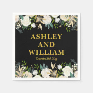 Black and Gold Boho Bohemian Chic Greenery Wedding Napkin