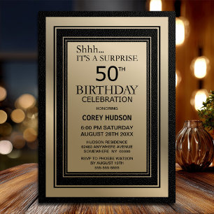 Black and Gold Border Surprise 50th Birthday Party Invitation