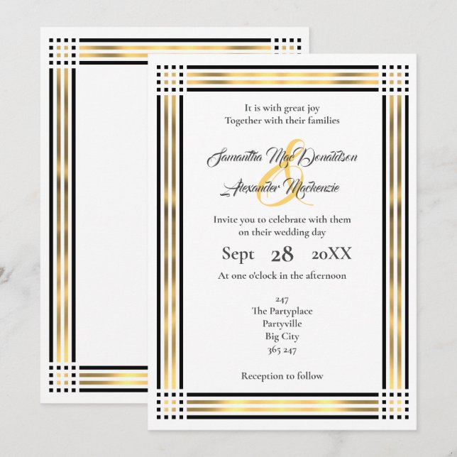 Black and gold border wedding invitation (Front/Back)
