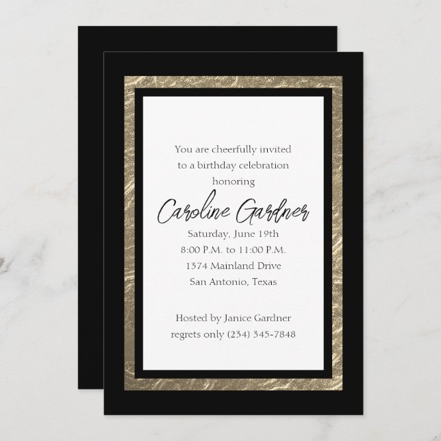 Black and Gold Bordered Birthday Invitation (Front/Back)