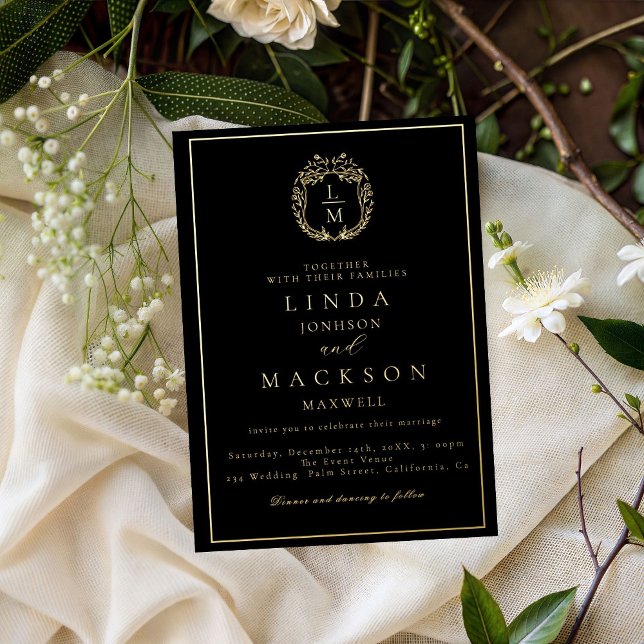 Black and gold botanical crest monogram wedding (Creator Uploaded)
