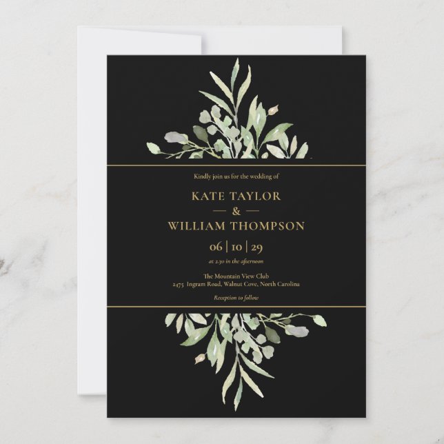 Black And Gold Botanical Greenery Photo Wedding Invitation (Front)