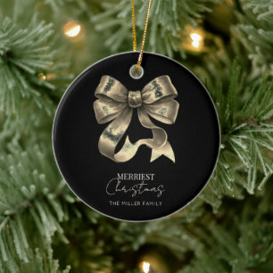 Black and Gold Bow Minimalist Christmas Ceramic Ornament