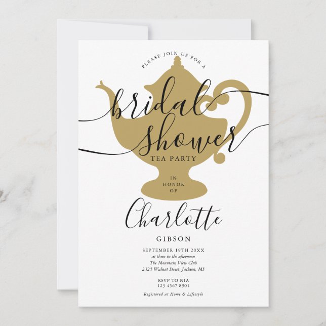 Black And Gold Bridal Shower Tea Party Invitation (Front)
