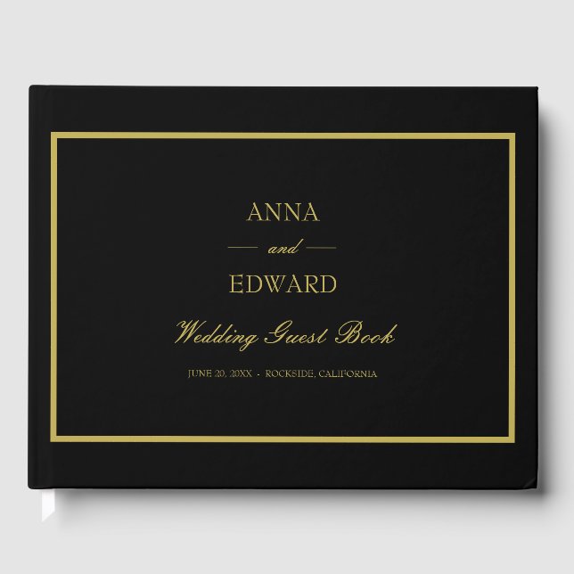 Black and Gold Bride and Groom Wedding Guest Book (Front)