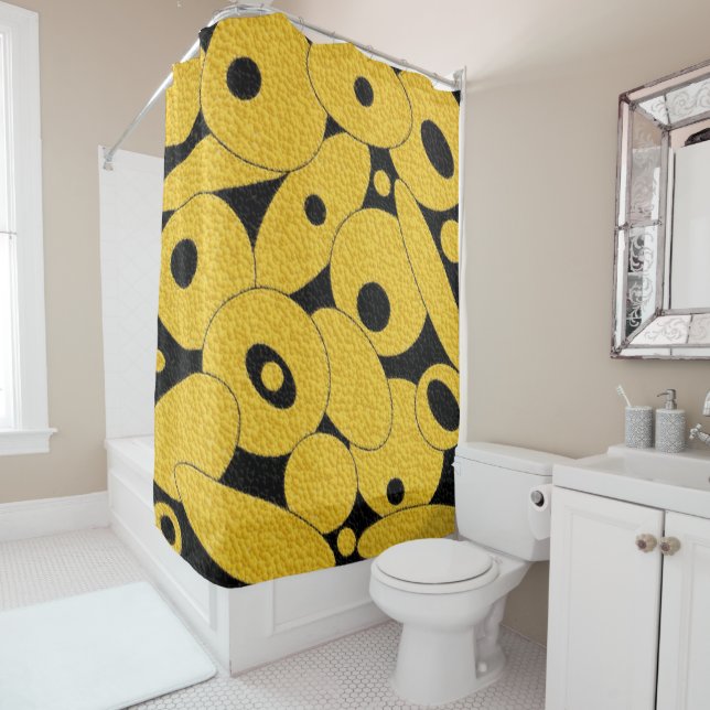 Black and Gold Bubble Orbs shower curtain (In Situ)