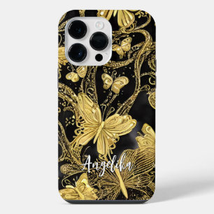 Black and Gold Butterflies Personalized Name iPhone 14 Pro Max Case