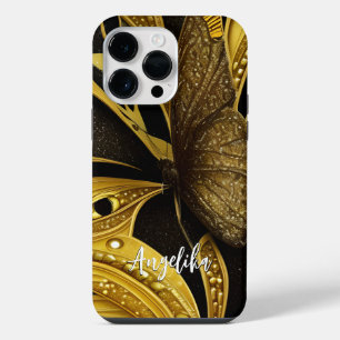 Black and Gold Butterfly Personalized Name iPhone 14 Pro Max Case