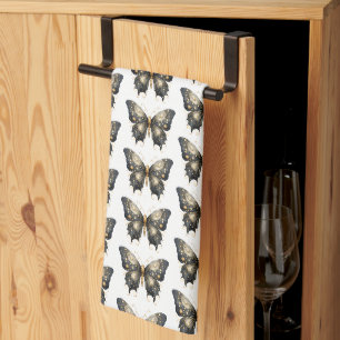 Black and Gold Butterfly White Pattern Halloween Kitchen Towel