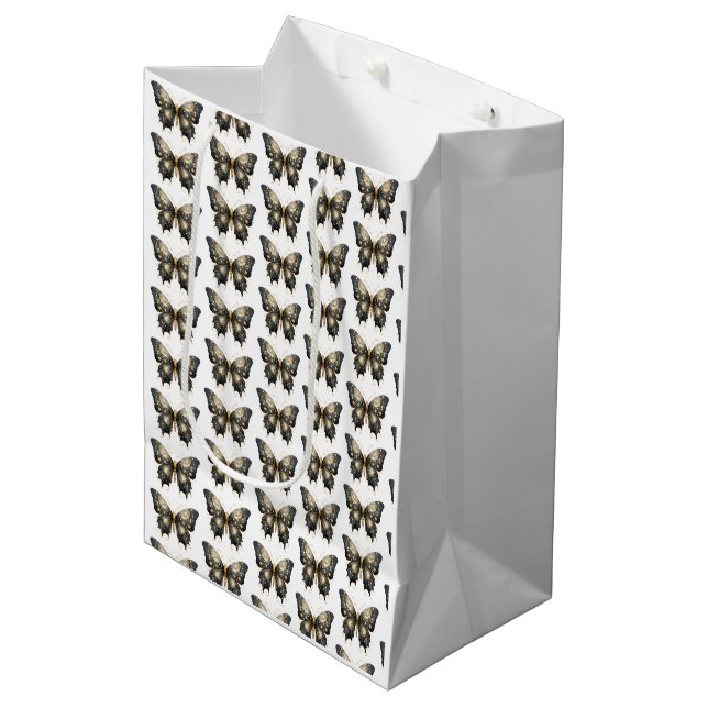 Black and Gold Butterfly White Pattern Halloween Medium Gift Bag (Front Angled)