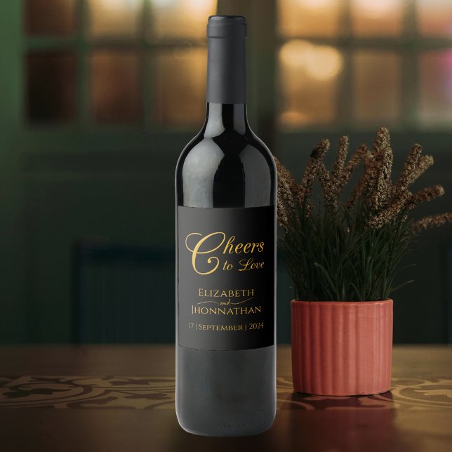 Black and Gold Calligraphy Cheers Names Wedding Wine Label (Creator Uploaded)