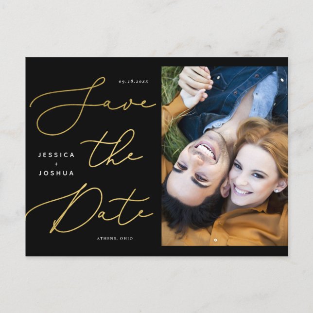 Black and Gold Calligraphy Photo Save the Date Postcard (Front)