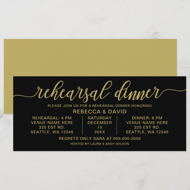 black and gold Calligraphy Rehearsal Dinner Invitation (Front/Back)