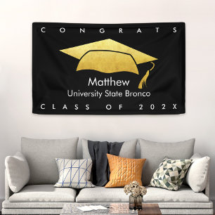 Black and Gold Cap Graduation Bold Modern Simple Banner