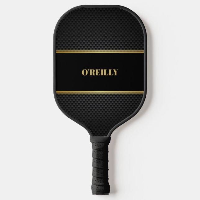 Black and Gold Carbon Pattern Modern Monogram Pickleball Paddle (Front)