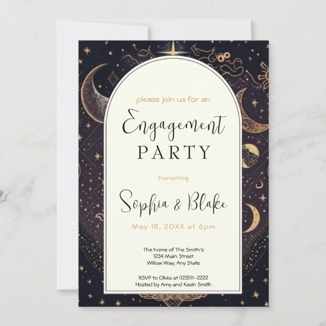 Black and Gold Celestial Moon Engagement Party Invitation (Front)