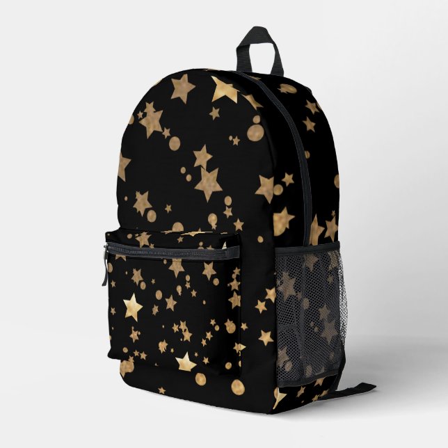 Black and Gold Celestial Stars and Polka Dots Printed Backpack (Back Corner Right)