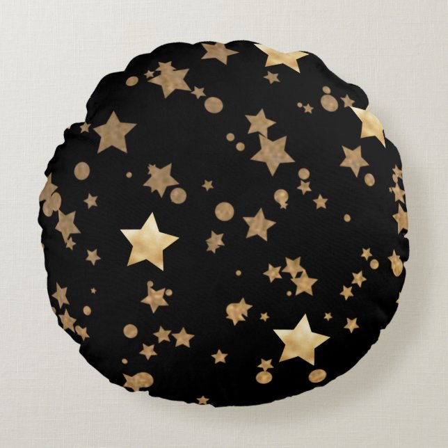Black and Gold Celestial Stars and Polka Dots Round Pillow (Front)