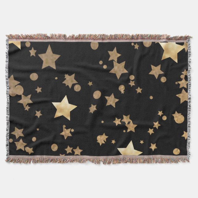 Black and Gold Celestial Stars and Polka Dots Throw Blanket (Front)