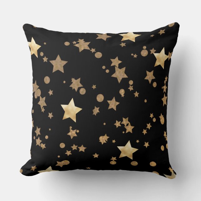 Black and Gold Celestial Stars and Polka Dots Throw Pillow (Front)
