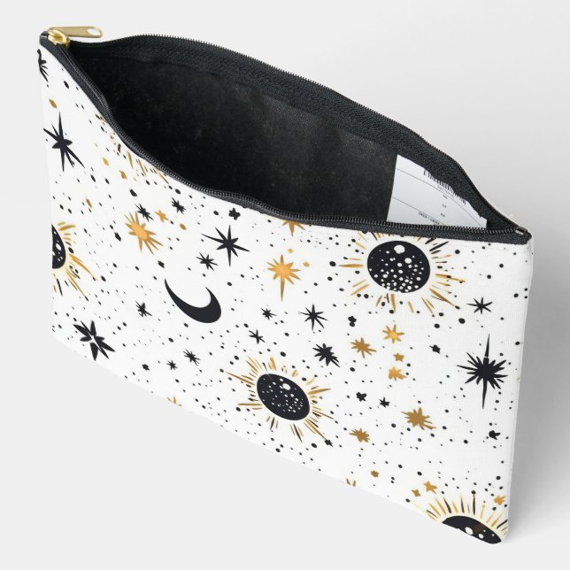 Black and Gold Celestial Sun Moon Stars Accessory Pouch (Open)