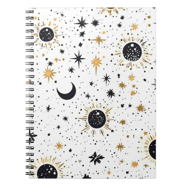 Black and Gold Celestial Sun Moon Stars Notebook (Front)