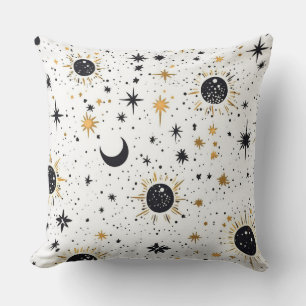 Black and Gold Celestial Sun Moon Stars Throw Pillow