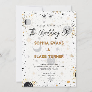 Black and Gold Celestial Sun Moon Stars Wedding Invitation