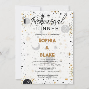 Black and Gold Celestial Wedding Rehearsal Dinner Invitation