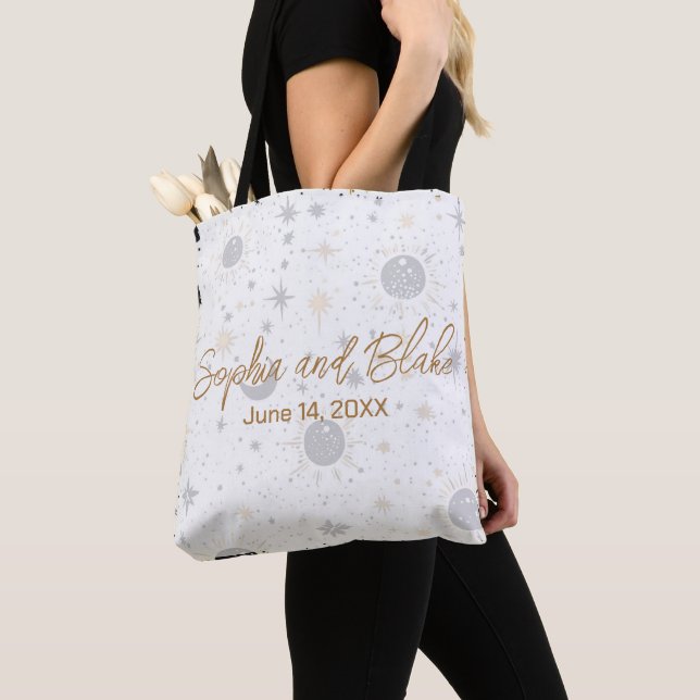 Black and Gold Celestial Wedding Tote Bag (Close Up)