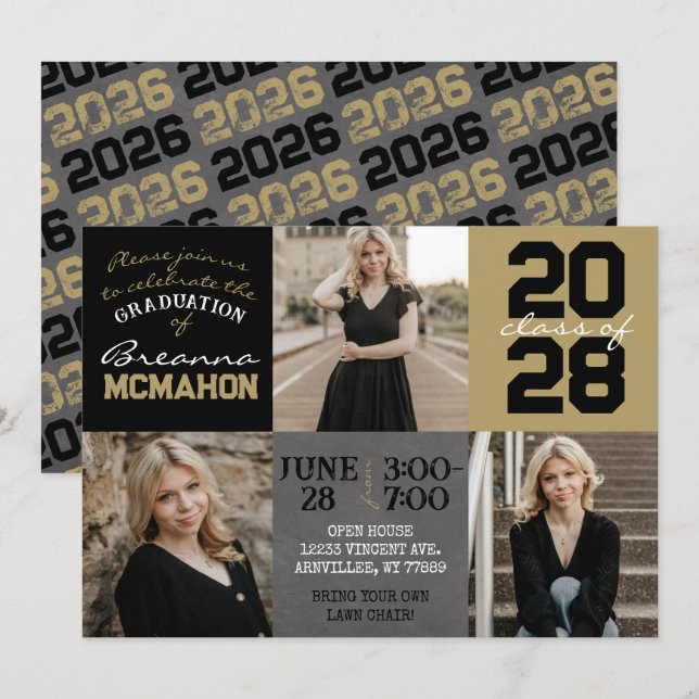 Black and Gold Chalkboard 3 Photo Graduation Invitation (Front/Back)