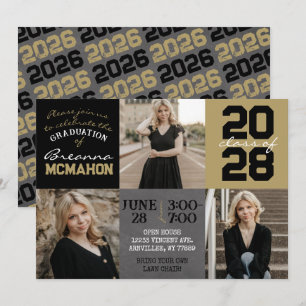 Black and Gold Chalkboard 3 Photo Graduation Invitation