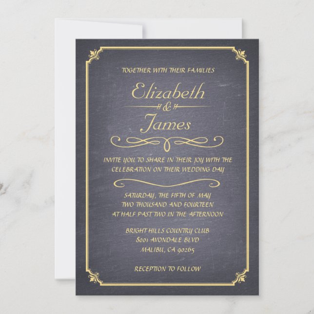 Black and Gold Chalkboard Wedding Invitations (Front)