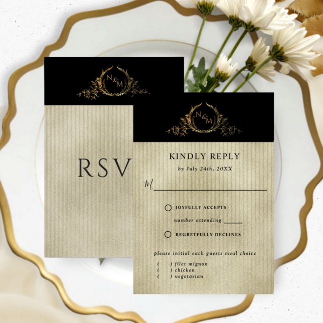 Black and Gold Champagne Monogram w/without meals RSVP Card (Creator Uploaded)