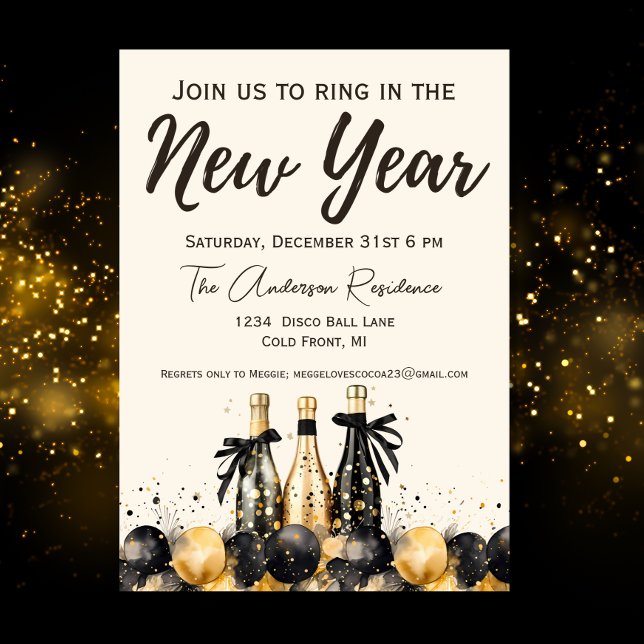 Black and Gold Champagne New Year's Eve Party Invitation (Creator Uploaded)