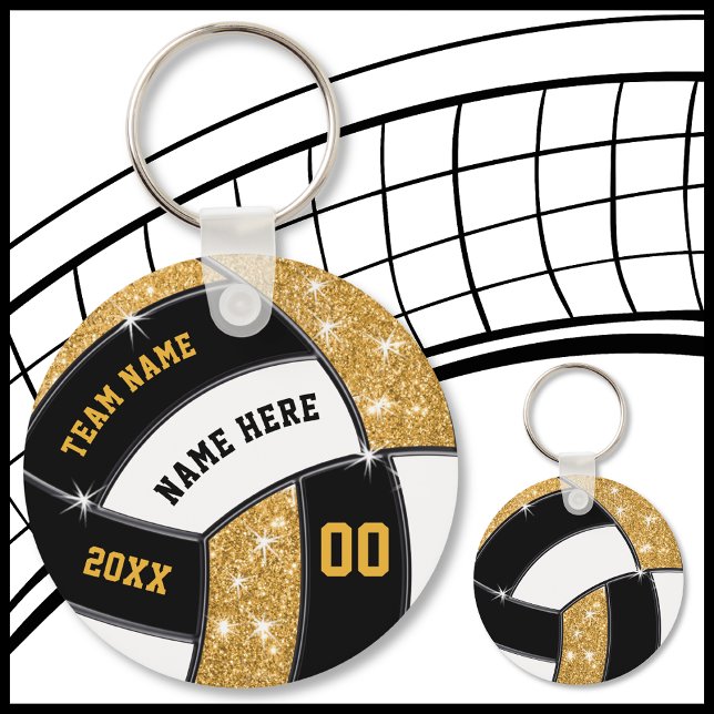 Black and Gold Cheap Volleyball Gifts 4 Text Boxes Keychain (Personalized Volleyball Keychains. Volleyball Souvenirs. Black, Gold, White, Volleyball Party Favors)