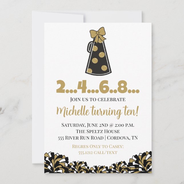 Black and Gold Cheer Birthday Invitation (Front)