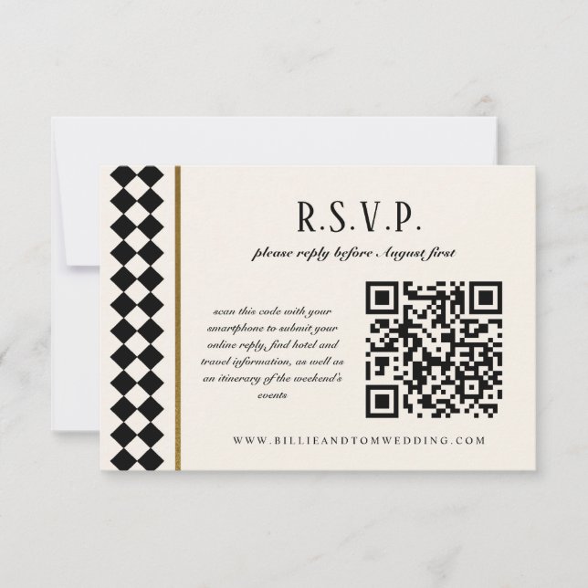 Black and Gold Chequerboard Border Wedding Online RSVP Card (Front)