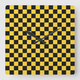 Black and gold chequerboard pattern square wall clock