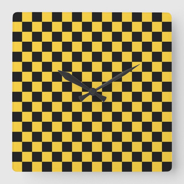 Black and gold chequerboard pattern square wall clock (Front)