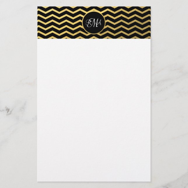 Black and Gold Chevron Pattern Triple Monogrammed Stationery (Front)