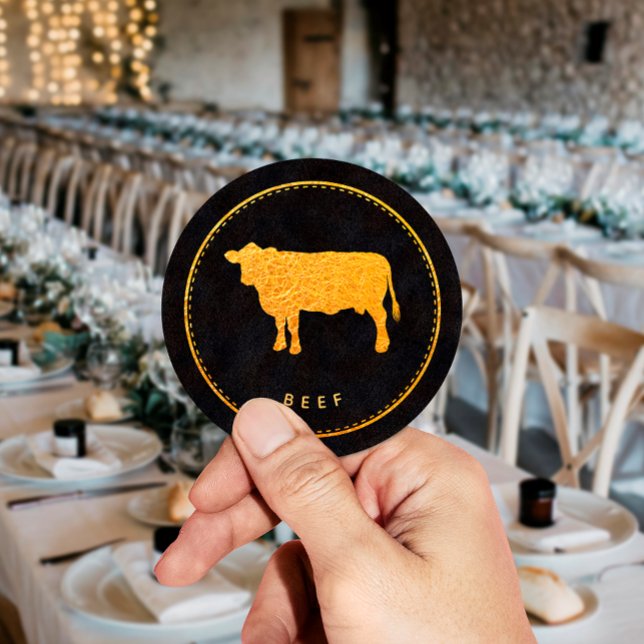 Black and Gold Chic Beef Wedding Food Choice Classic Round Sticker (Creator Uploaded)