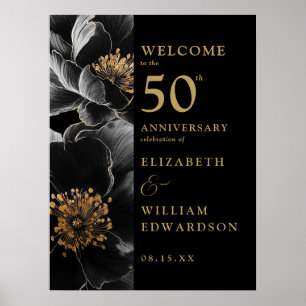 Black And Gold Chic Floral 50th Anniversary Sign