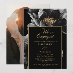 Black And Gold Chic Floral Engagement Party Photo Invitation